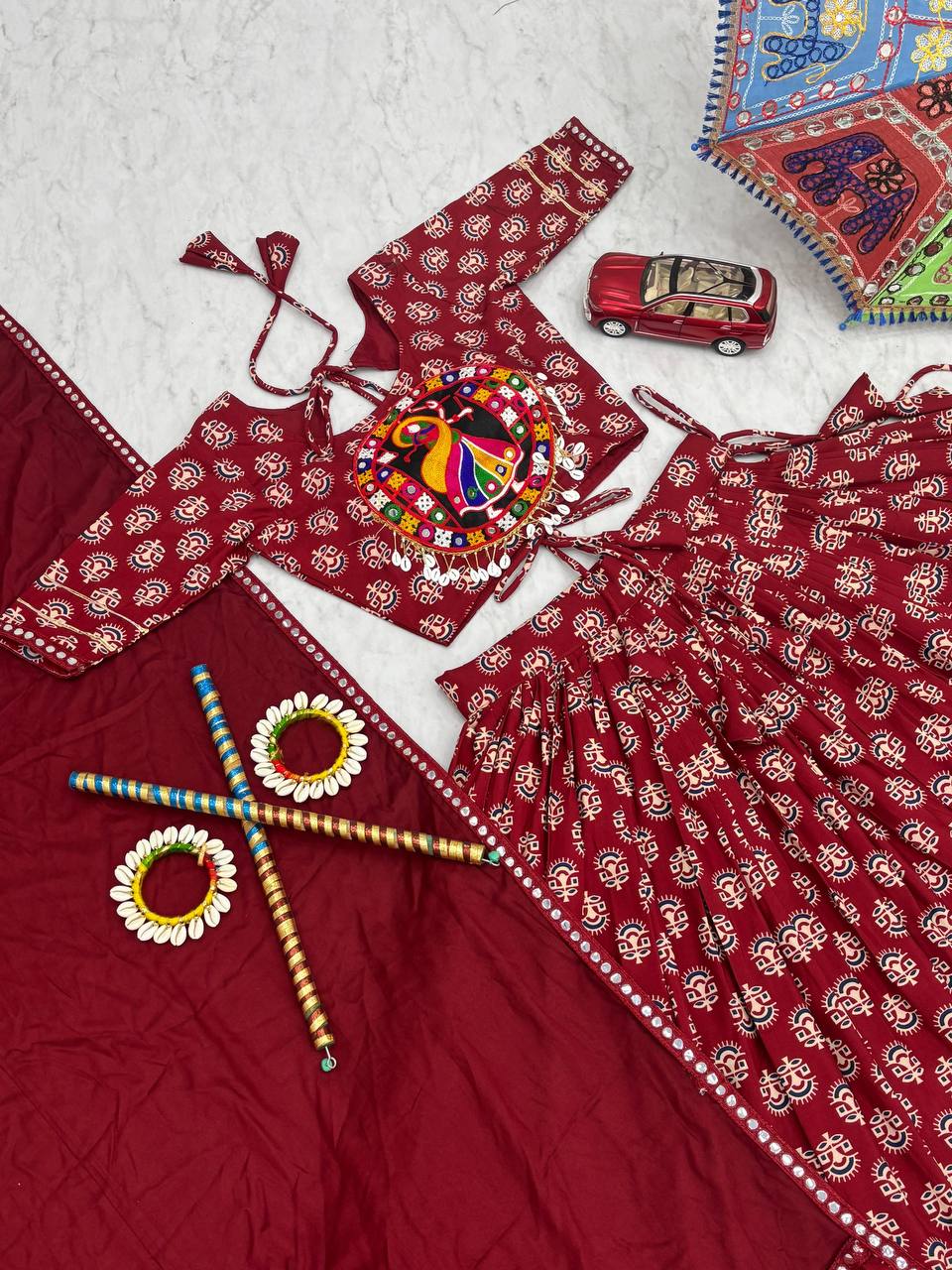 Navratri Special Pure Cotton Maroon Flared Lehenga Choli With Heavy Gamathi Work