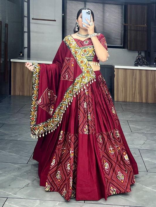 Traditional Maroon Bandhani Lehenga Choli Set with Patola Print and Canvas