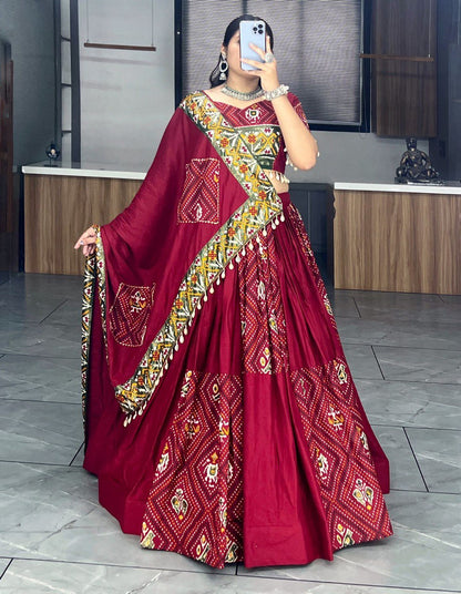 Traditional Maroon Bandhani Lehenga Choli Set with Patola Print and Canvas