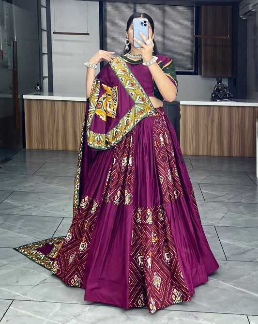 Traditional Wine Bandhani Lehenga Choli Set with Patola Print and Canvas