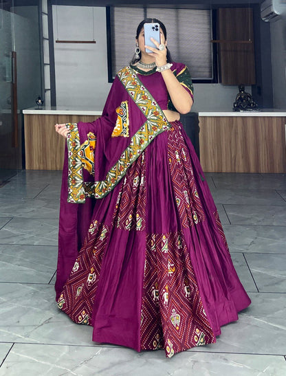 Traditional Wine Bandhani Lehenga Choli Set with Patola Print and Canvas