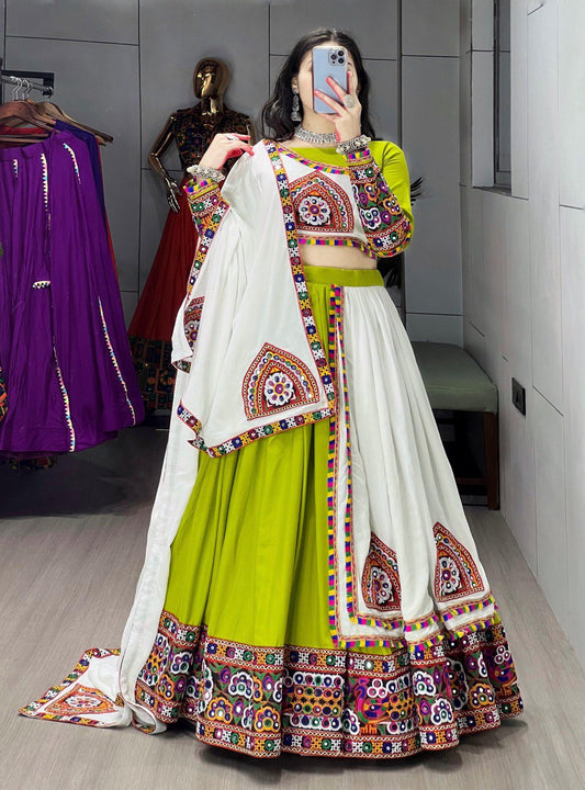 Navratri Mirror Work Pure Rayon Cotton Lehenga Choli Set with Gamthi Work