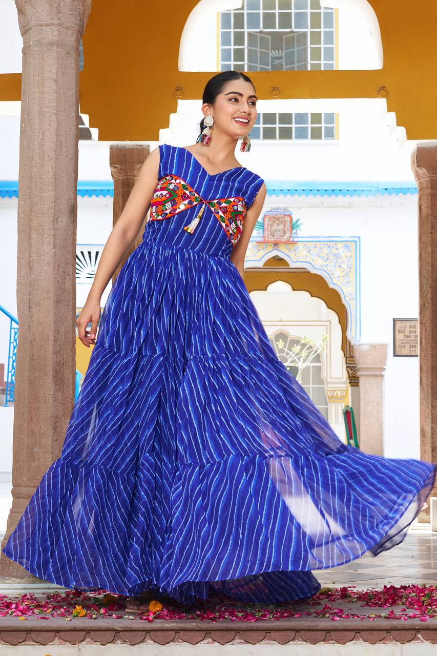 Navratri Special Gamathi  Mirror Work Cotton Blue Flared bandhni Print Blue Gown