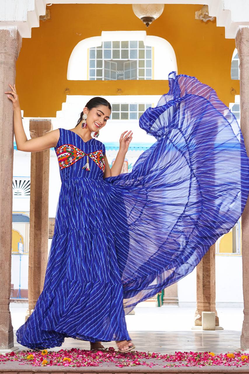 Navratri Special Gamathi  Mirror Work Cotton Blue Flared bandhni Print Blue Gown