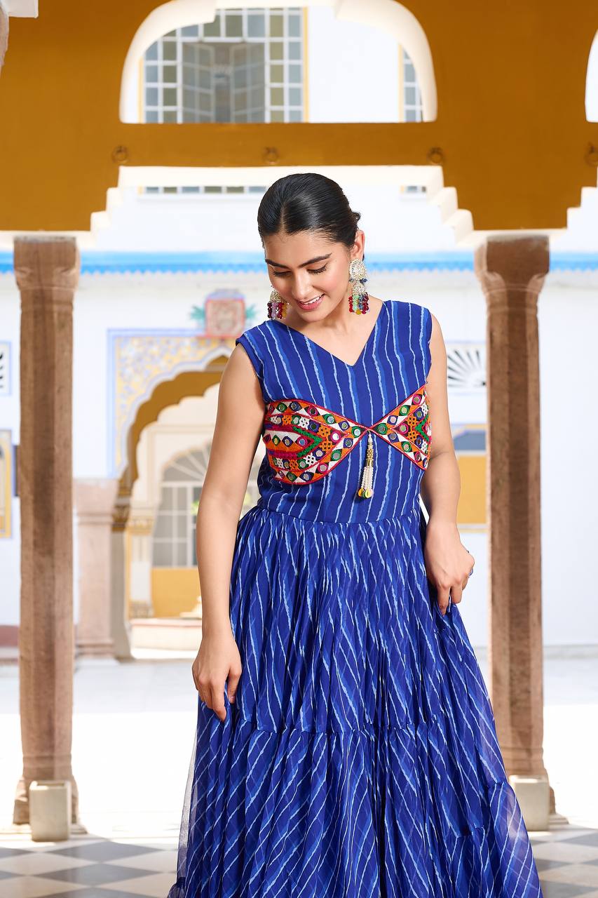 Navratri Special Gamathi  Mirror Work Cotton Blue Flared bandhni Print Blue Gown