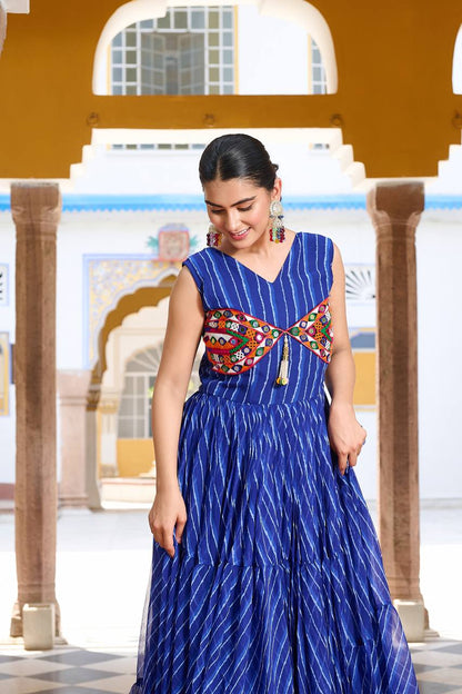 Navratri Special Gamathi  Mirror Work Cotton Blue Flared bandhni Print Blue Gown