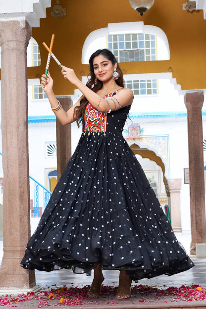 Navratri Special Gamathi  Mirror Work Cotton Blue Flared bandhni Print Black Gown