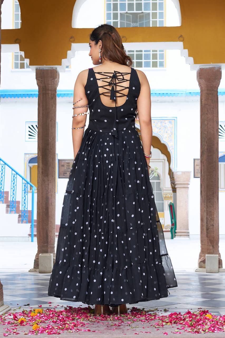 Navratri Special Gamathi  Mirror Work Cotton Blue Flared bandhni Print Black Gown