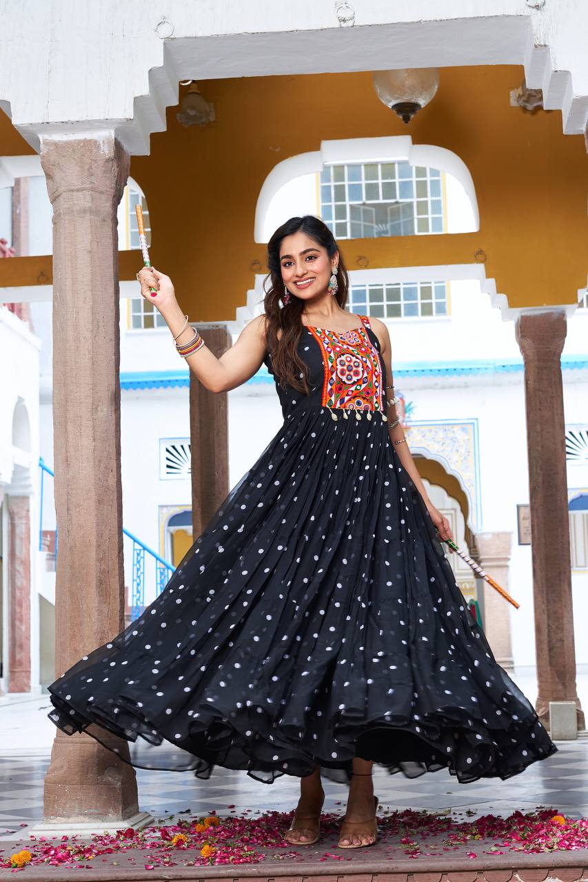 Navratri Special Gamathi  Mirror Work Cotton Blue Flared bandhni Print Black Gown