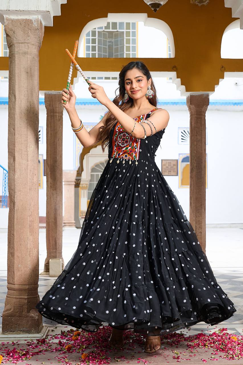 Navratri Special Gamathi  Mirror Work Cotton Blue Flared bandhni Print Black Gown
