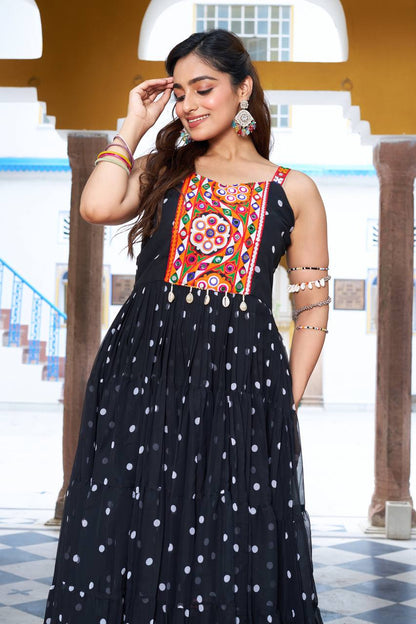 Navratri Special Gamathi  Mirror Work Cotton Blue Flared bandhni Print Black Gown