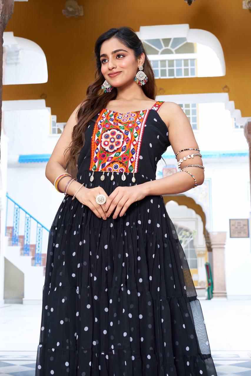 Navratri Special Gamathi  Mirror Work Cotton Blue Flared bandhni Print Black Gown