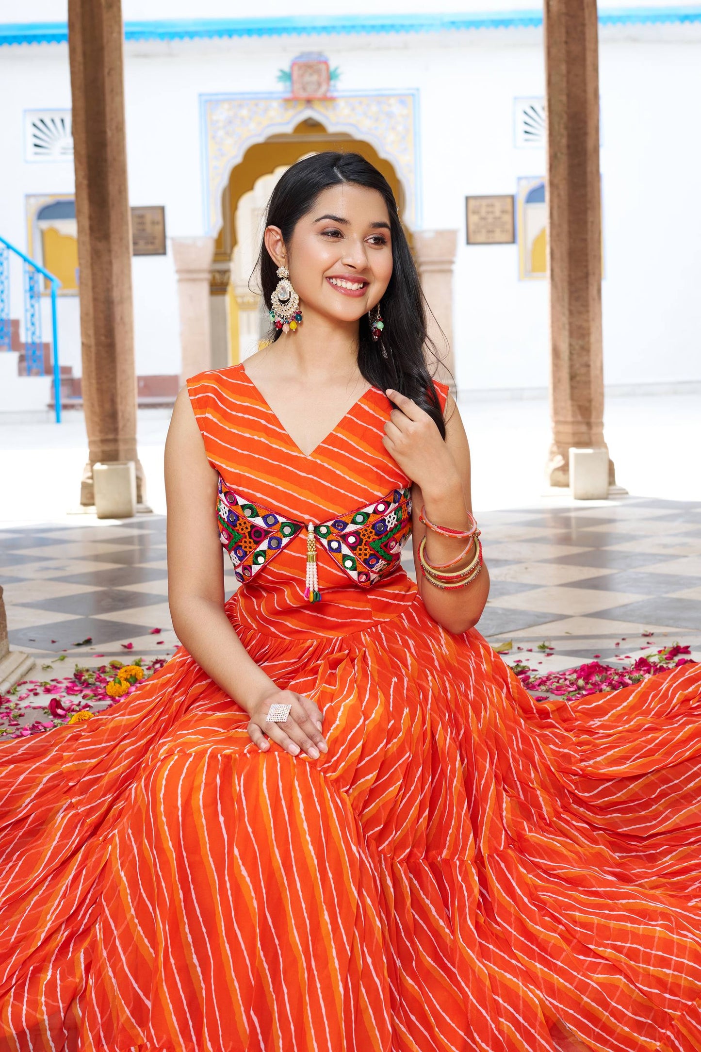 Navratri Special Gamathi  Mirror Work Cotton Blue Flared bandhni Print Orange Gown