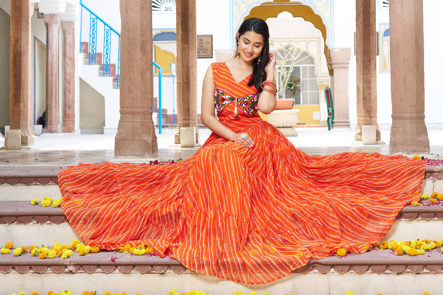 Navratri Special Gamathi  Mirror Work Cotton Blue Flared bandhni Print Orange Gown
