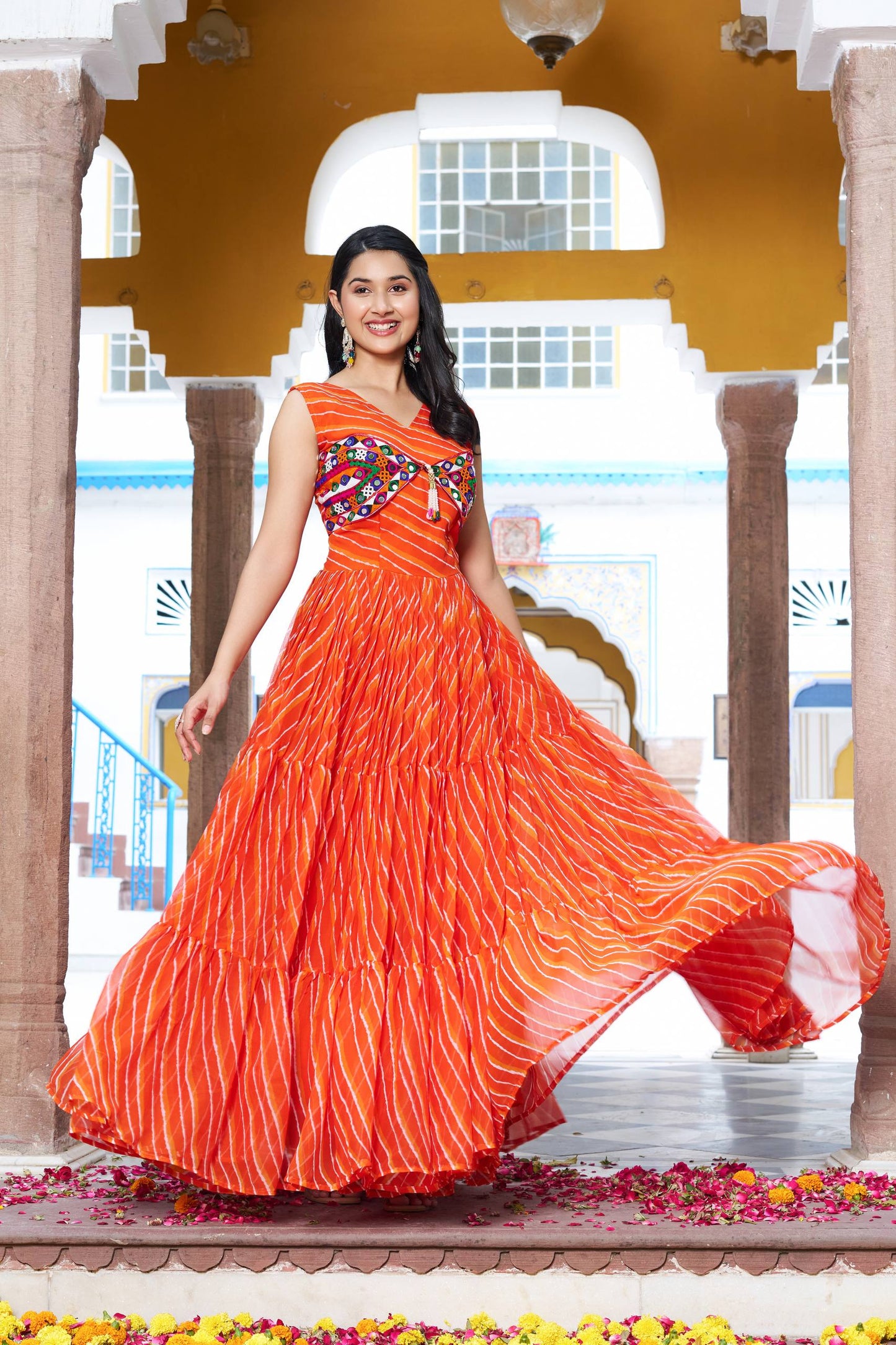 Navratri Special Gamathi  Mirror Work Cotton Blue Flared bandhni Print Orange Gown