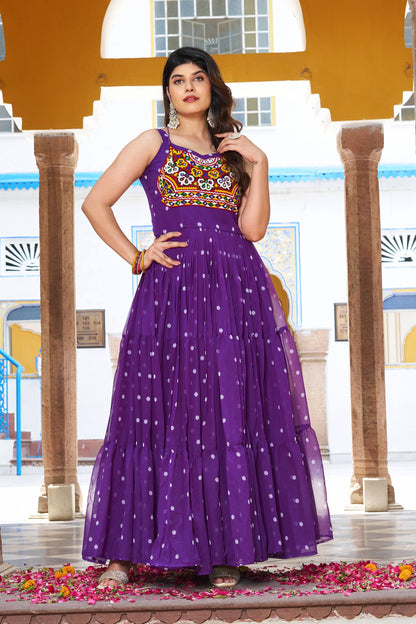 Navratri Special Gamathi  Mirror Work Cotton Blue Flared bandhni Print Purple Gown