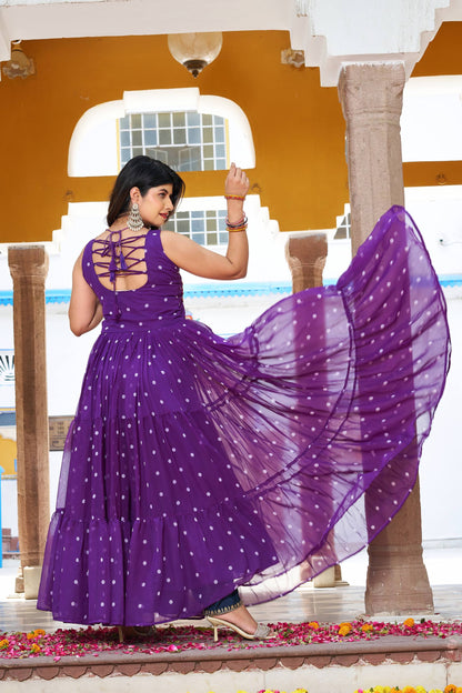 Navratri Special Gamathi  Mirror Work Cotton Blue Flared bandhni Print Purple Gown