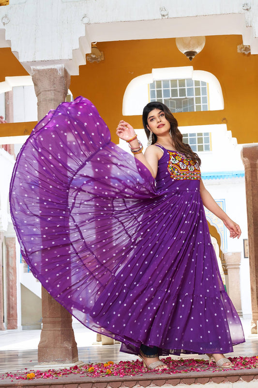 Navratri Special Gamathi  Mirror Work Cotton Blue Flared bandhni Print Purple Gown