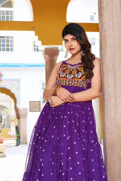 Navratri Special Gamathi  Mirror Work Cotton Blue Flared bandhni Print Purple Gown