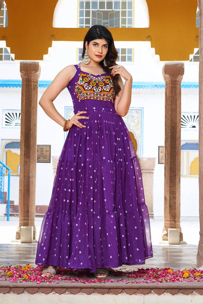 Navratri Special Gamathi  Mirror Work Cotton Blue Flared bandhni Print Purple Gown