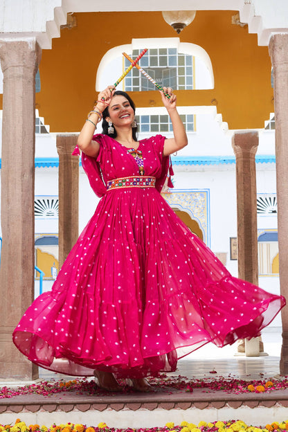Navratri Special Gamathi  Mirror Work Cotton Blue Flared bandhni Print Red Gown