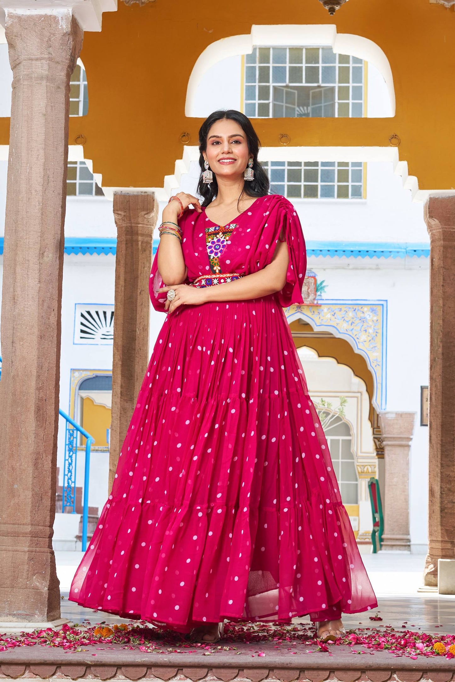 Navratri Special Gamathi  Mirror Work Cotton Blue Flared bandhni Print Red Gown