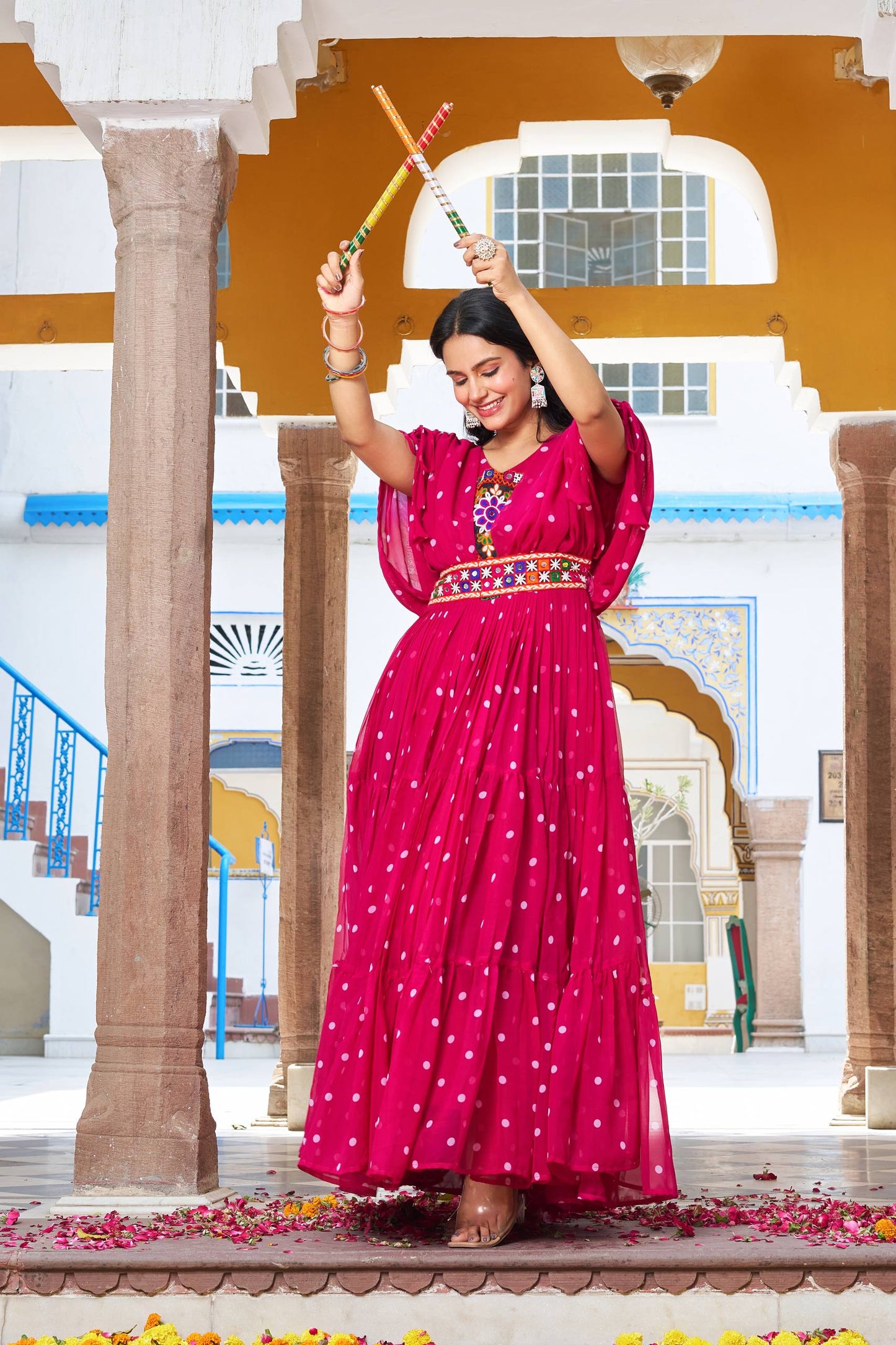 Navratri Special Gamathi  Mirror Work Cotton Blue Flared bandhni Print Red Gown