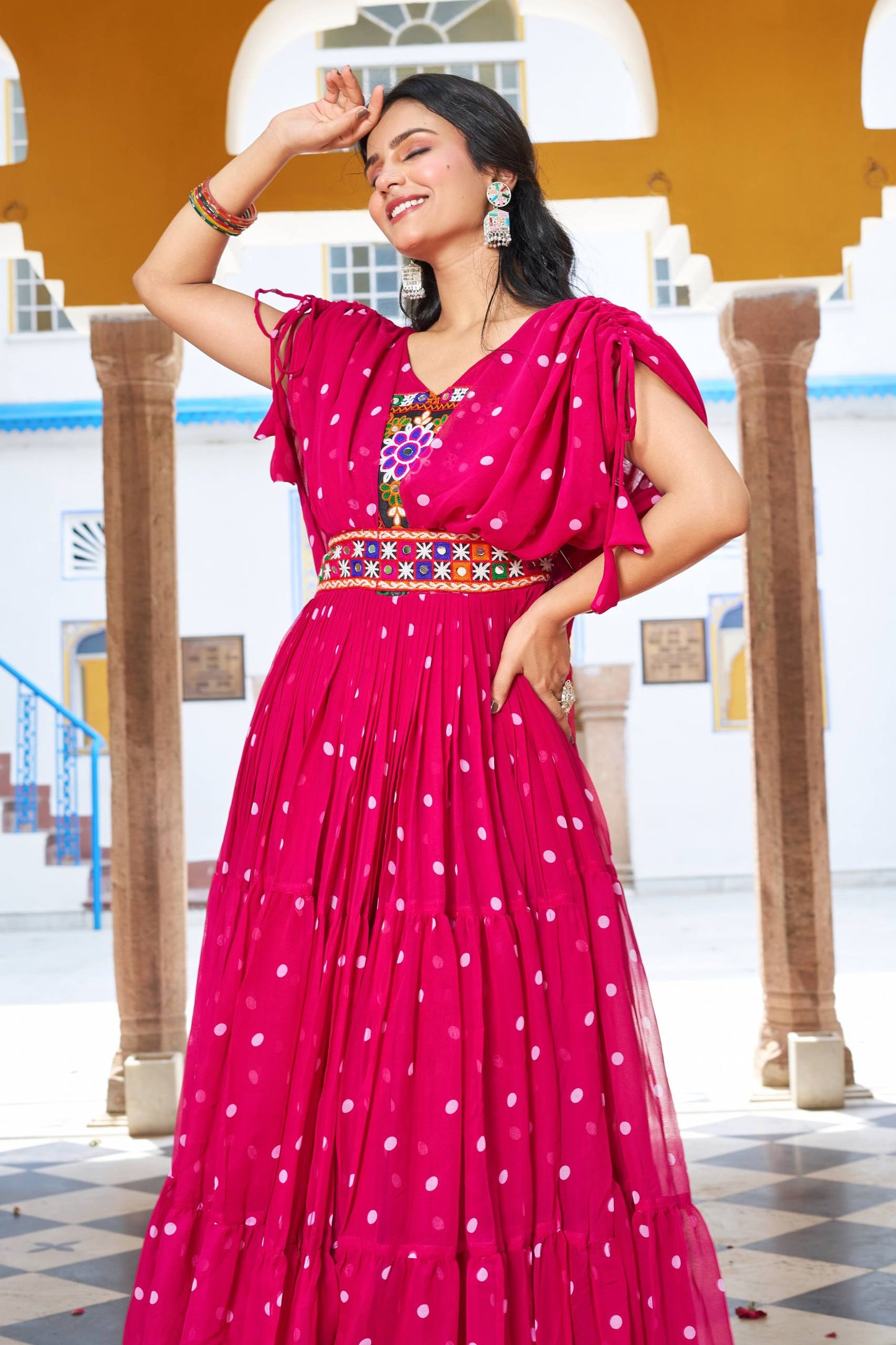 Navratri Special Gamathi  Mirror Work Cotton Blue Flared bandhni Print Red Gown