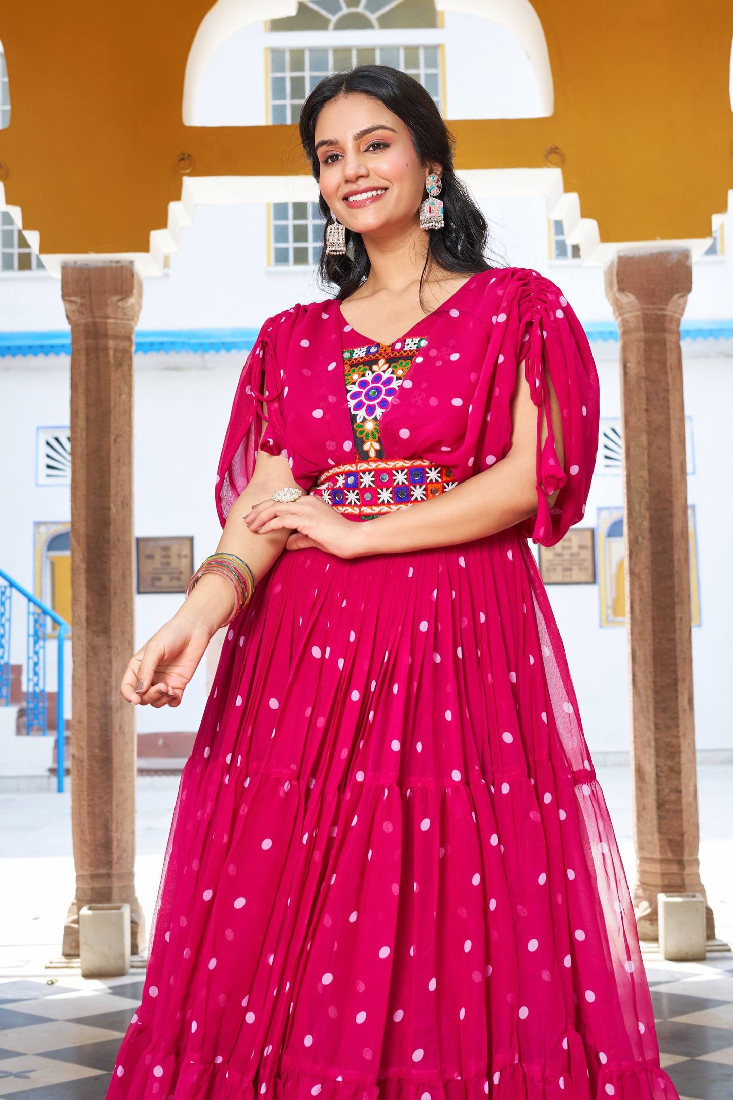 Navratri Special Gamathi  Mirror Work Cotton Blue Flared bandhni Print Red Gown