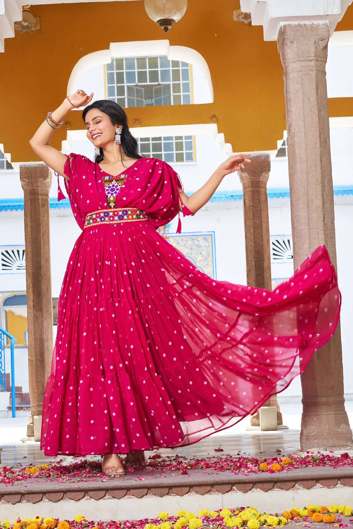 Navratri Special Gamathi  Mirror Work Cotton Blue Flared bandhni Print Red Gown