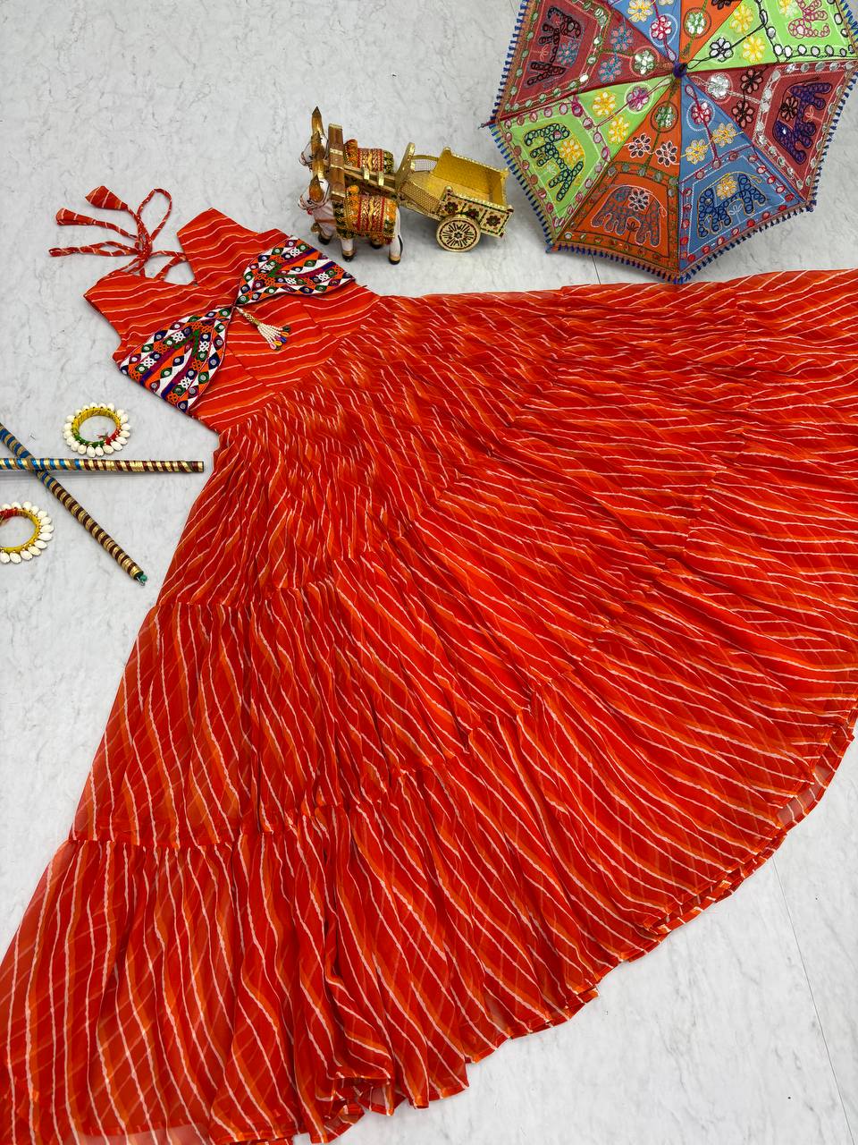Navratri Special Gamathi  Mirror Work Cotton Blue Flared bandhni Print Orange Gown