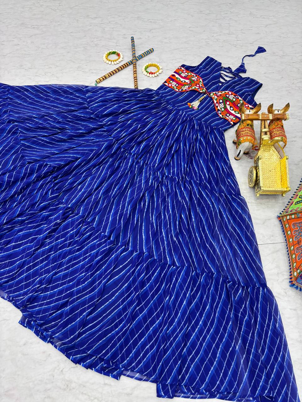Navratri Special Gamathi  Mirror Work Cotton Blue Flared bandhni Print Blue Gown