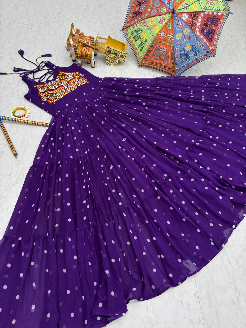 Navratri Special Gamathi  Mirror Work Cotton Blue Flared bandhni Print Purple Gown