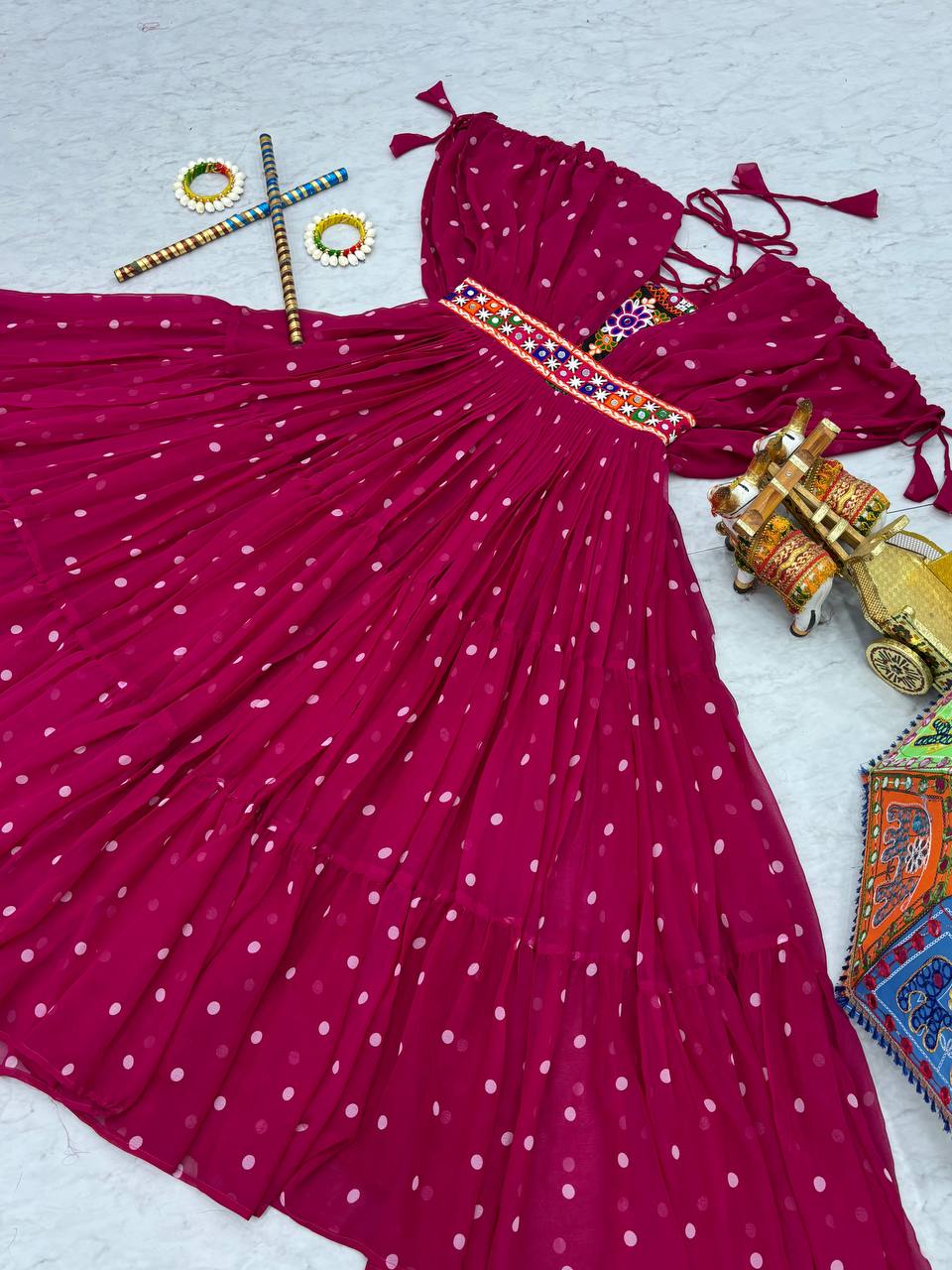 Navratri Special Gamathi  Mirror Work Cotton Blue Flared bandhni Print Red Gown