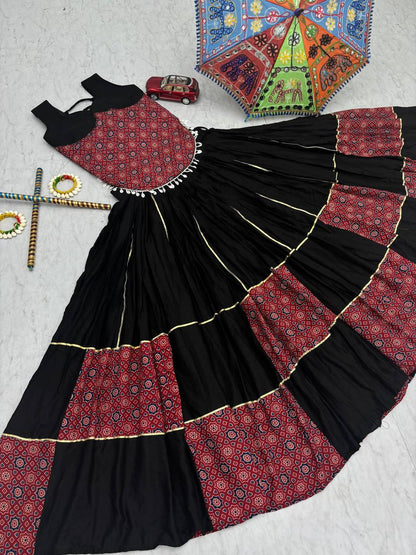 Navratri Special Ajarakh Print  Pure Cotton Black Lehenga Choli