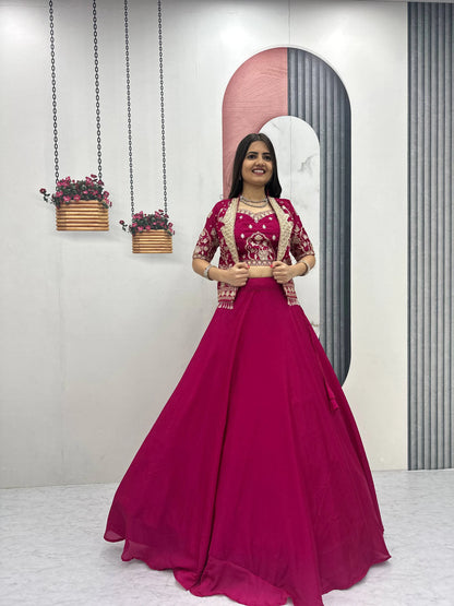 Designer Magenta Pink Indo Western Lehenga Choli with Embroidered Koti for Women