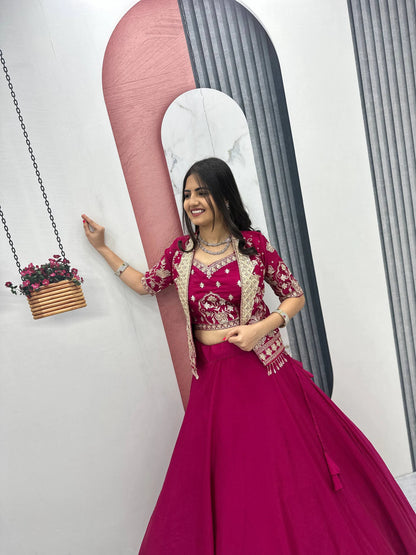Designer Magenta Pink Indo Western Lehenga Choli with Embroidered Koti for Women