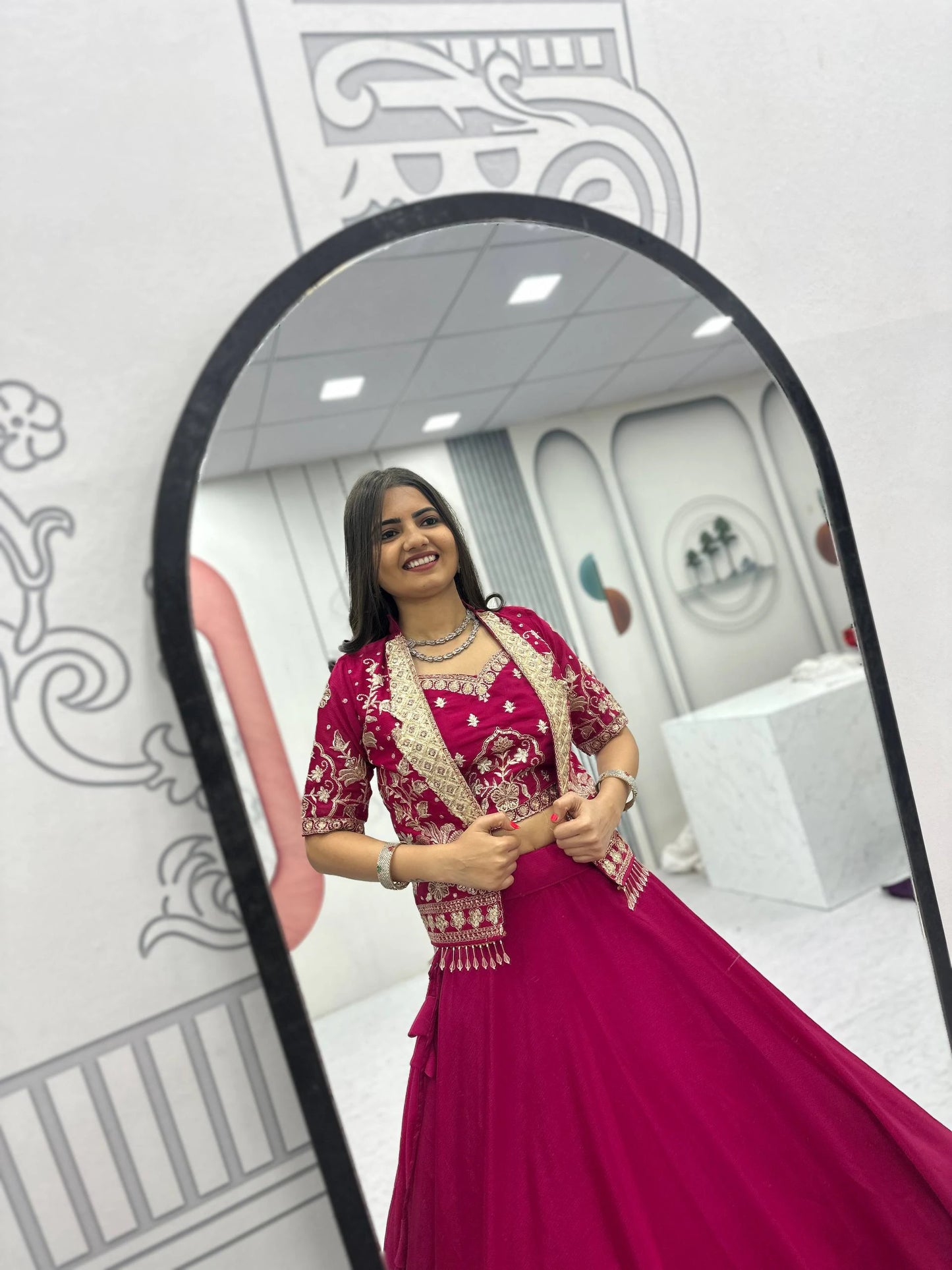 Designer Magenta Pink Indo Western Lehenga Choli with Embroidered Koti for Women