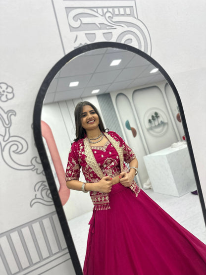 Designer Magenta Pink Indo Western Lehenga Choli with Embroidered Koti for Women