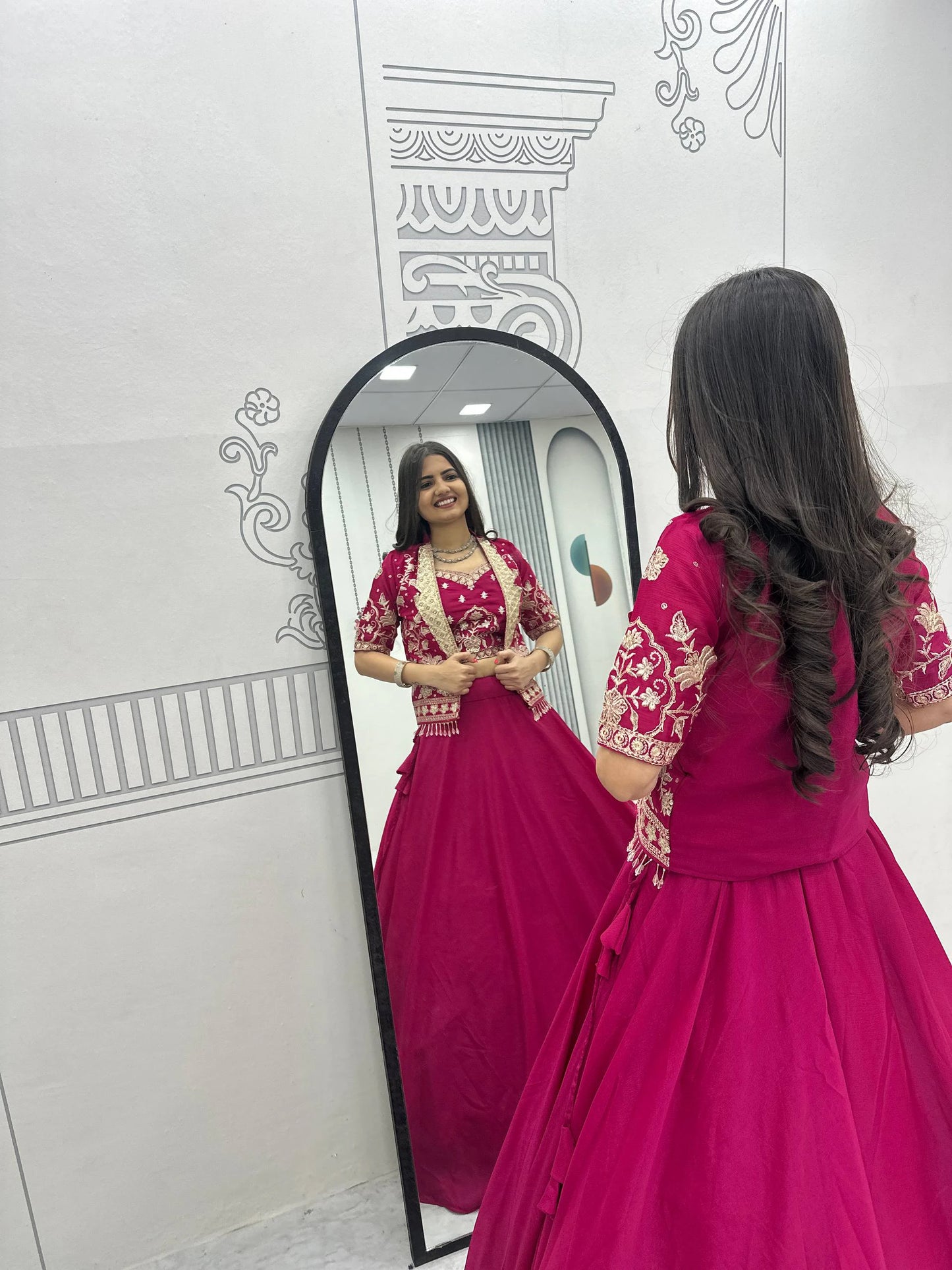 Designer Magenta Pink Indo Western Lehenga Choli with Embroidered Koti for Women