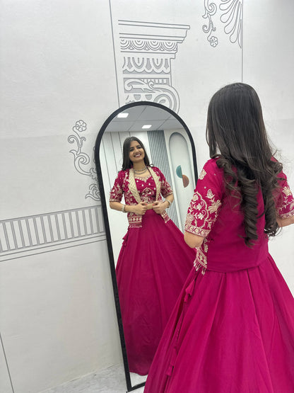 Designer Magenta Pink Indo Western Lehenga Choli with Embroidered Koti for Women