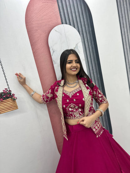 Designer Magenta Pink Indo Western Lehenga Choli with Embroidered Koti for Women