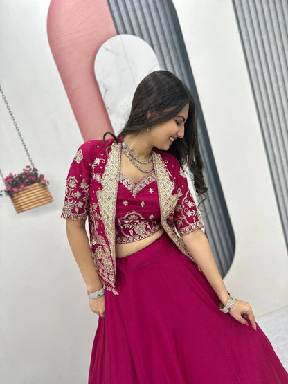 Designer Magenta Pink Indo Western Lehenga Choli with Embroidered Koti for Women