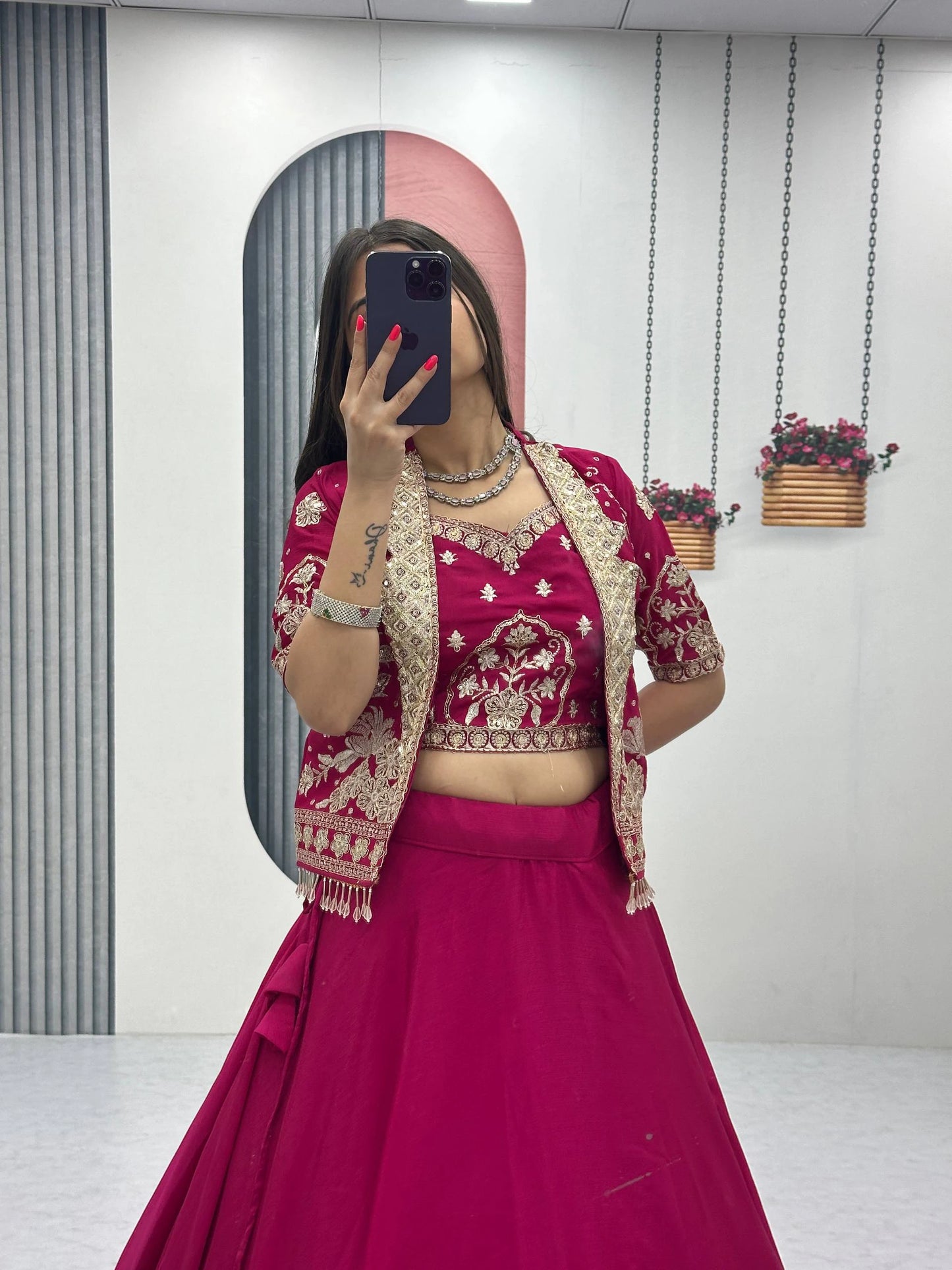 Designer Magenta Pink Indo Western Lehenga Choli with Embroidered Koti for Women