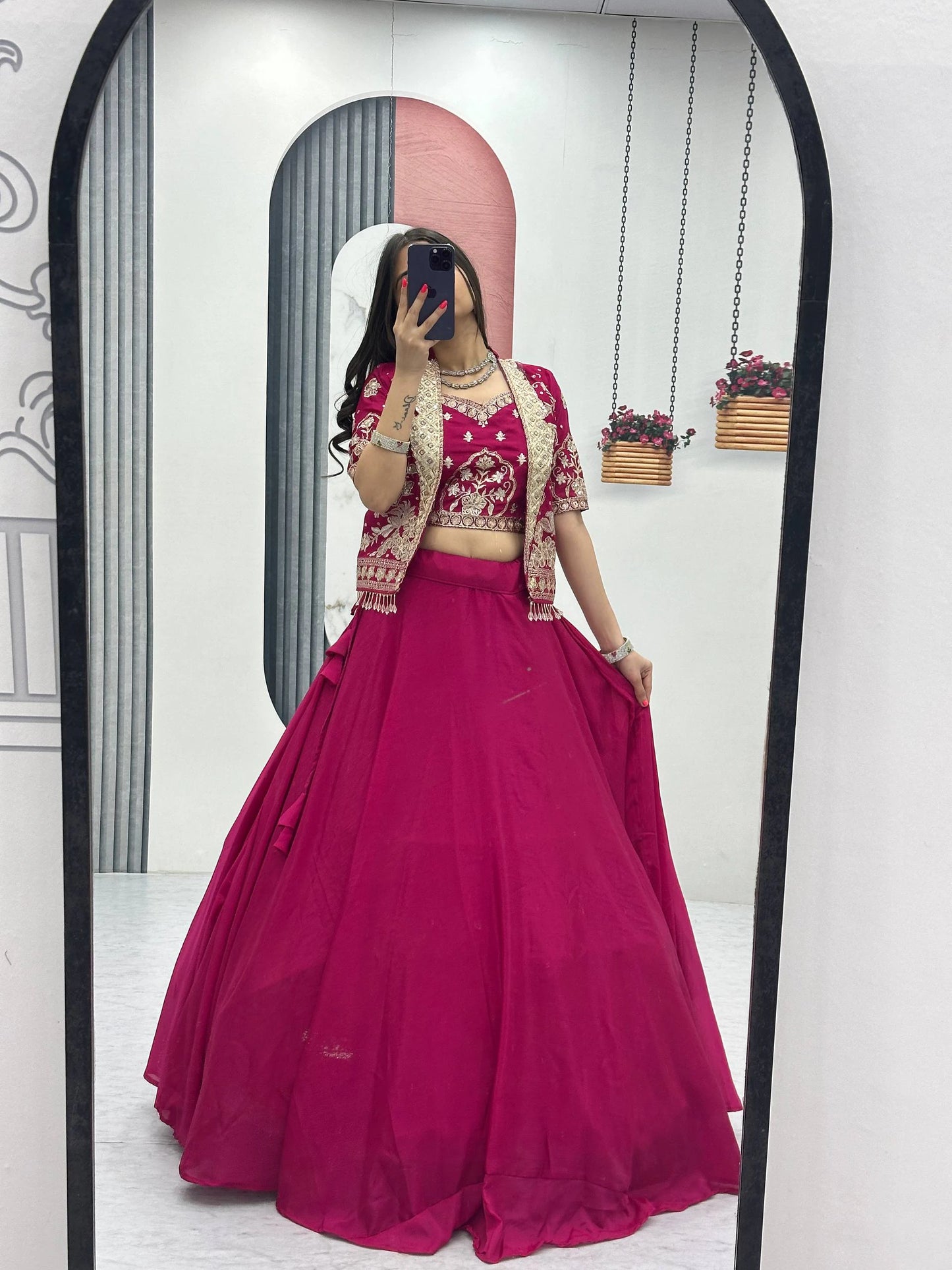 Designer Magenta Pink Indo Western Lehenga Choli with Embroidered Koti for Women