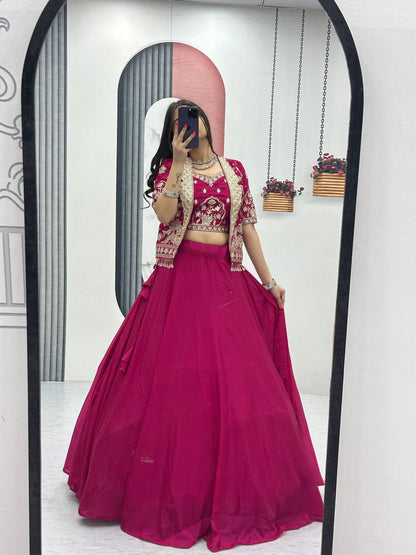 Designer Magenta Pink Indo Western Lehenga Choli with Embroidered Koti for Women