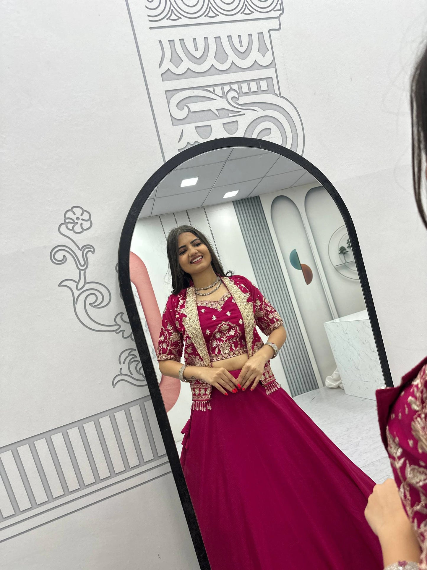 Designer Magenta Pink Indo Western Lehenga Choli with Embroidered Koti for Women