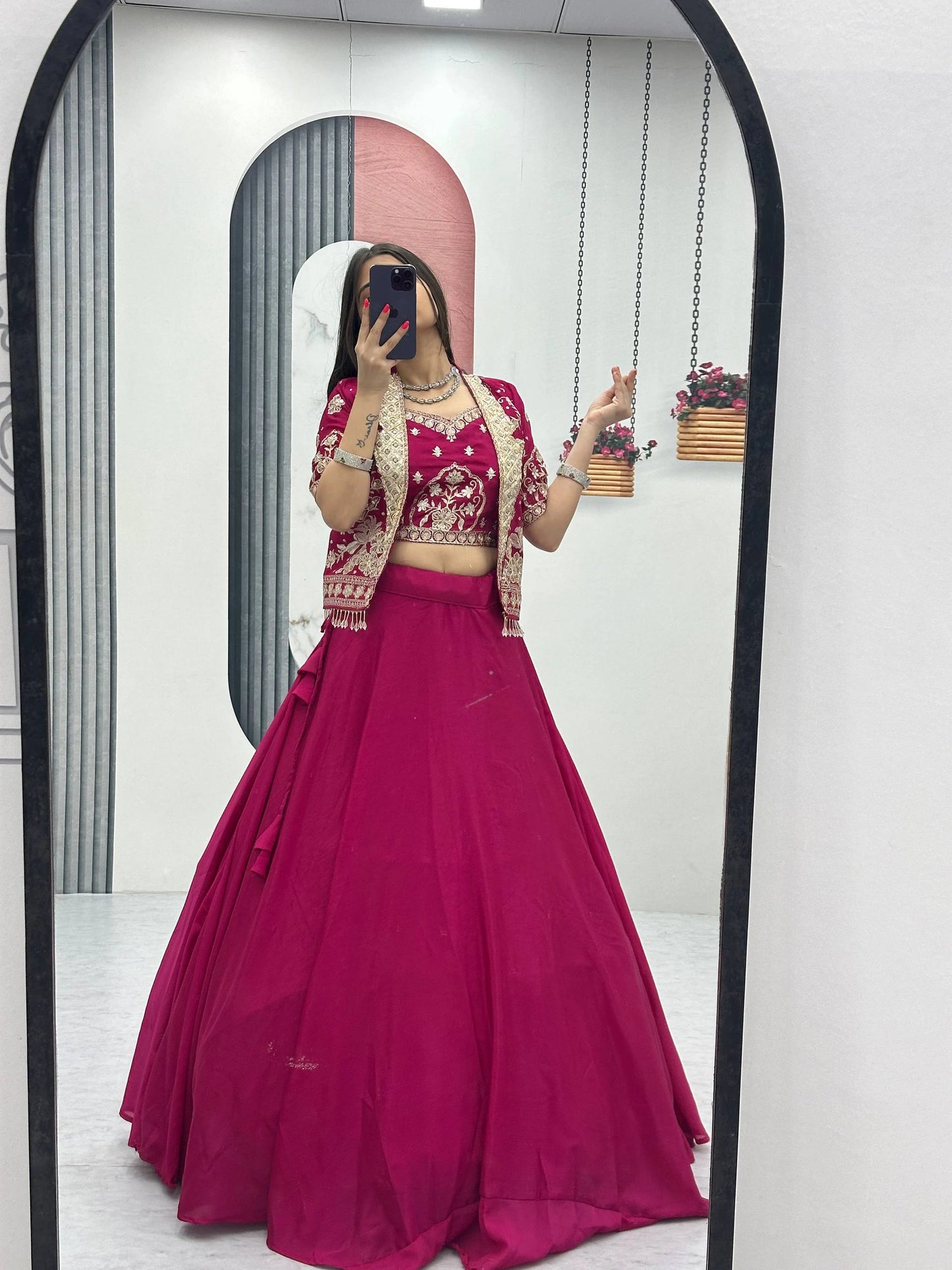 Designer Magenta Pink Indo Western Lehenga Choli with Embroidered Koti for Women