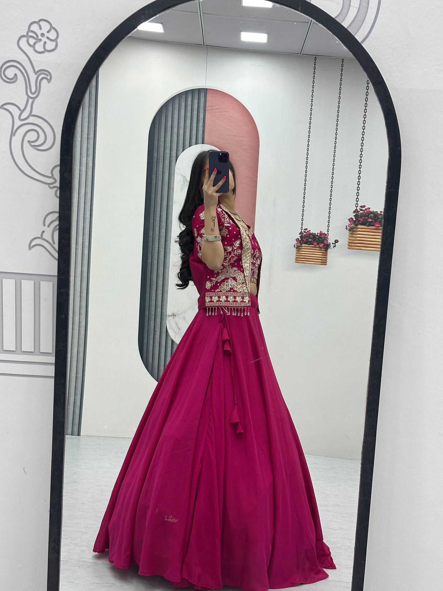 Designer Magenta Pink Indo Western Lehenga Choli with Embroidered Koti for Women