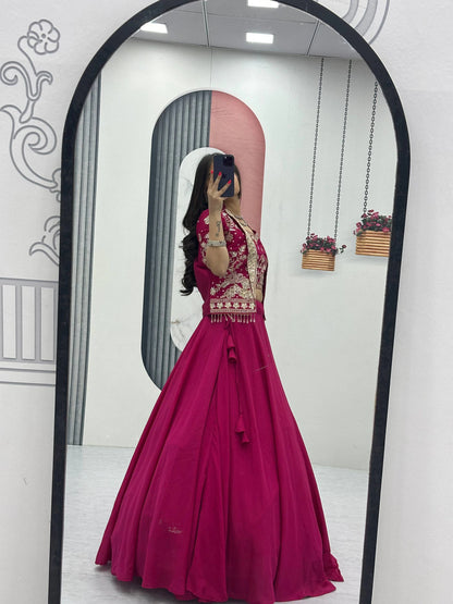 Designer Magenta Pink Indo Western Lehenga Choli with Embroidered Koti for Women